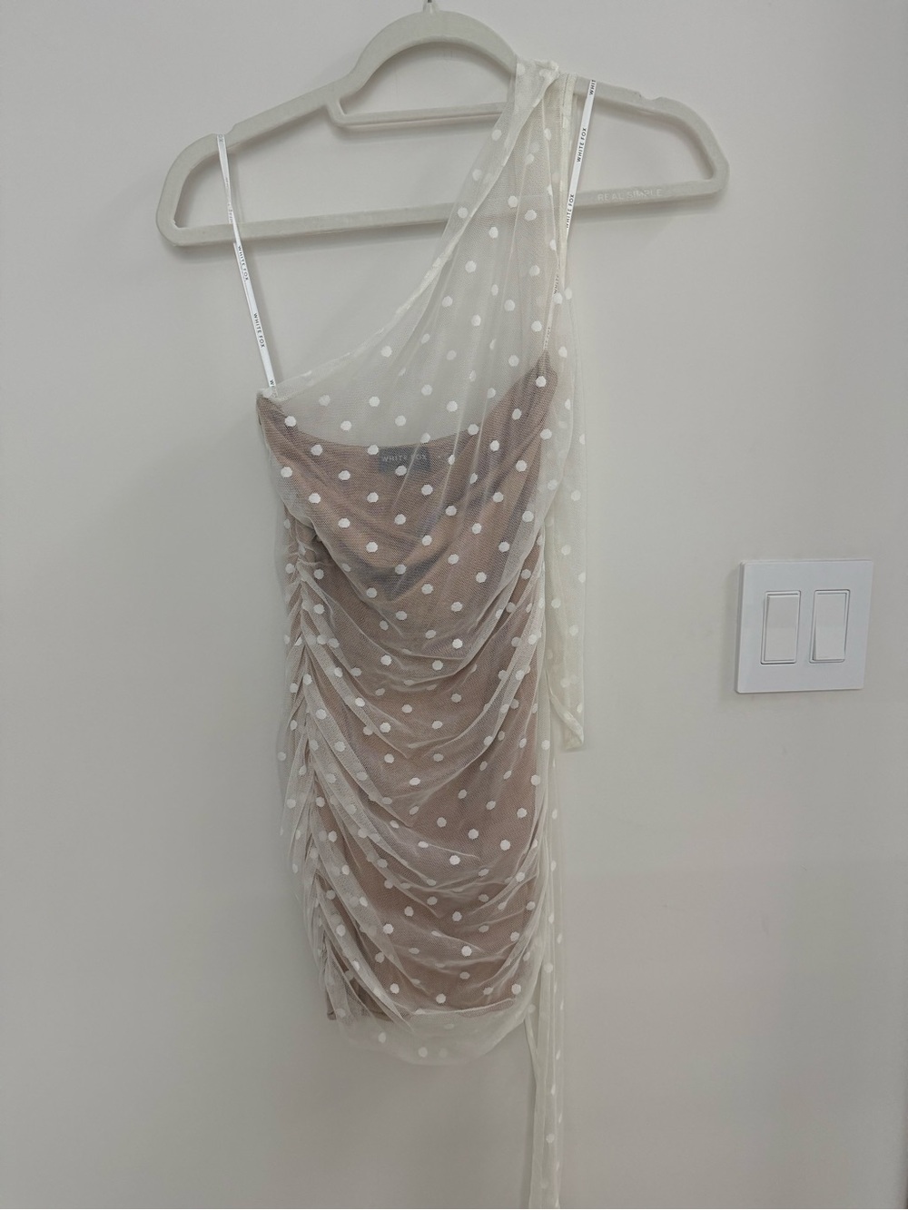 White Fox Boutique One-Shoulder Nude Polka Dot Mini Dress
